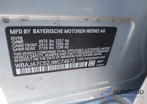 2018 BMW 530I xDrive z USA, uszkodzony, nr VIN WBAJA7C52JWC74672